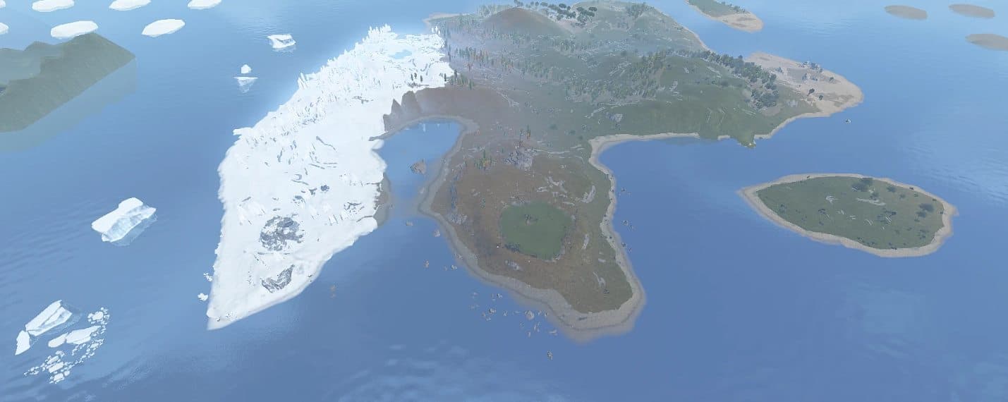 The wild centre island of the Daily Grind Build world — forests, a mountain ice sheet, and open ocean