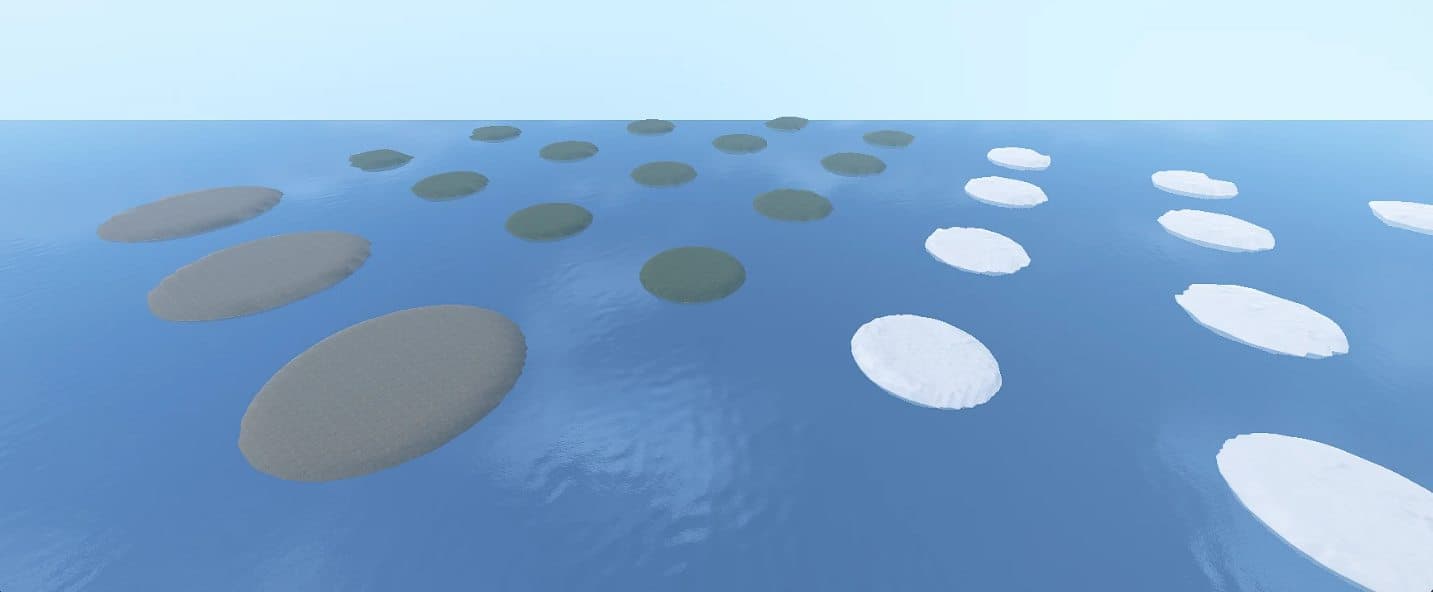 Rows of circular build pads out on the ocean — dirt, grass and snow plot islands stretching to the horizon