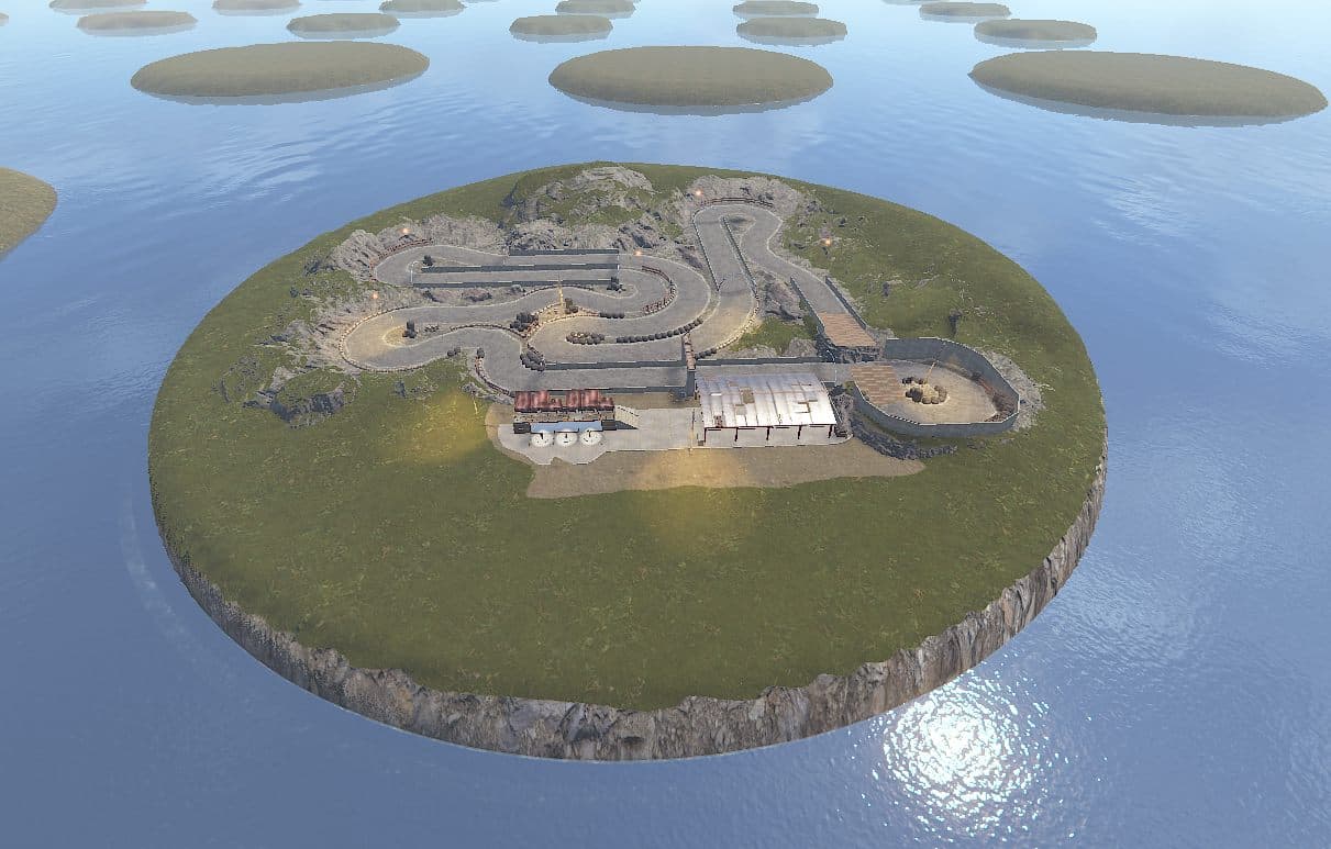 A hillside kart racetrack island with walled switchbacks and a paddock arena