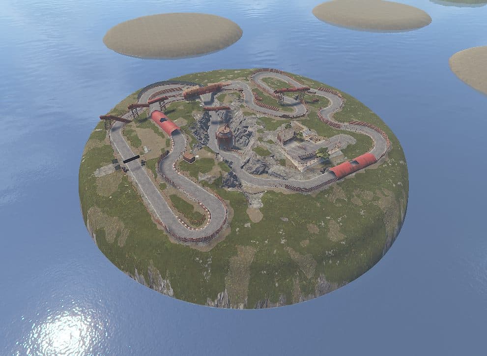 A kart racetrack island with covered pipe tunnels and a rocky canyon centre